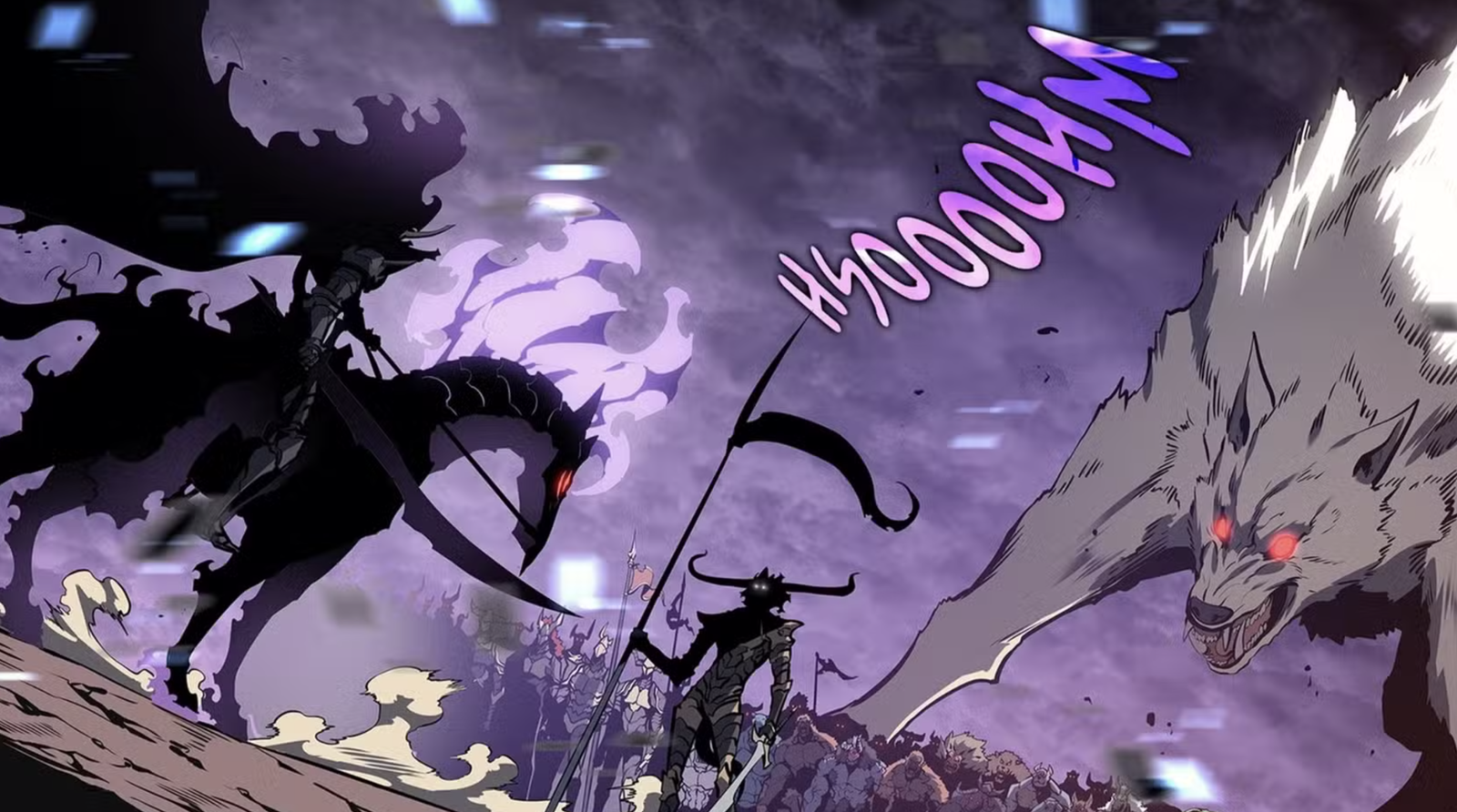 This image depicts a battle scene from the Solo Leveling manhwa series. It features the Shadow Monarch, Ashborn, leading his shadow army against the demon army of Baran.