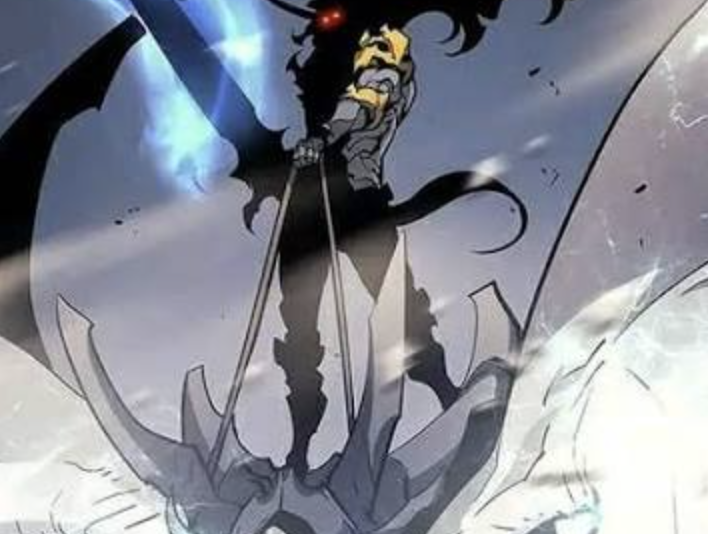 This image depicts Baran, the Monarch of White Flames and Demon King from the series Solo Leveling. He is shown riding his faithful Wyvern, Kaisellin, during a major battle.