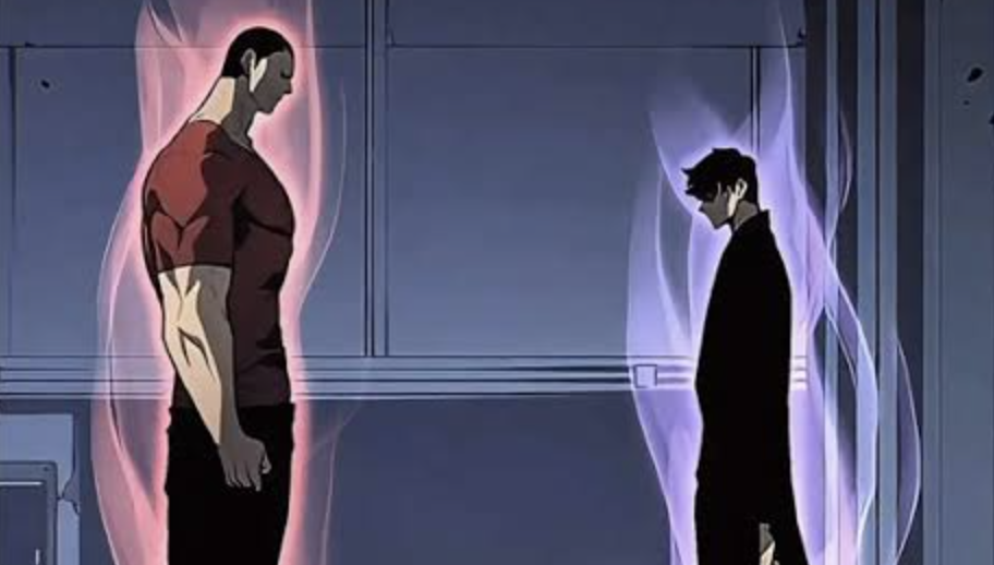 This image depicts a confrontational scene between Sung Jin-woo and Hwang Dong-su from the popular manhwa series Solo Leveling. Sung Jin-woo is shown on the right, surrounded by a distinct purple aura, while Hwang Dong-su stands opposite him emitting a red aura.