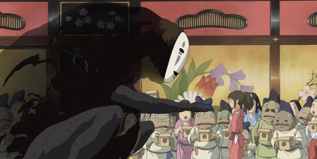 This image is from the 2001 animated fantasy film Spirited Away. It features the character No-Face offering gifts to the bathhouse workers.