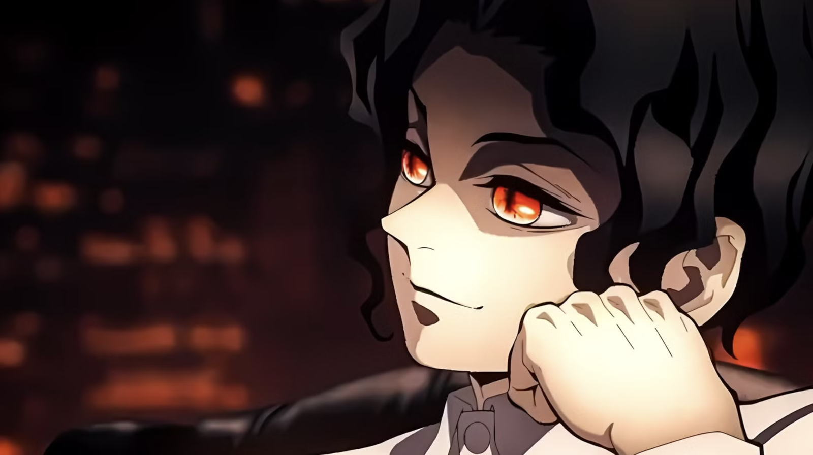 This image features the character Muzan Kibutsuji from the anime series Demon Slayer: Kimetsu no Yaiba. He is portrayed sitting with his face resting on his left hand.