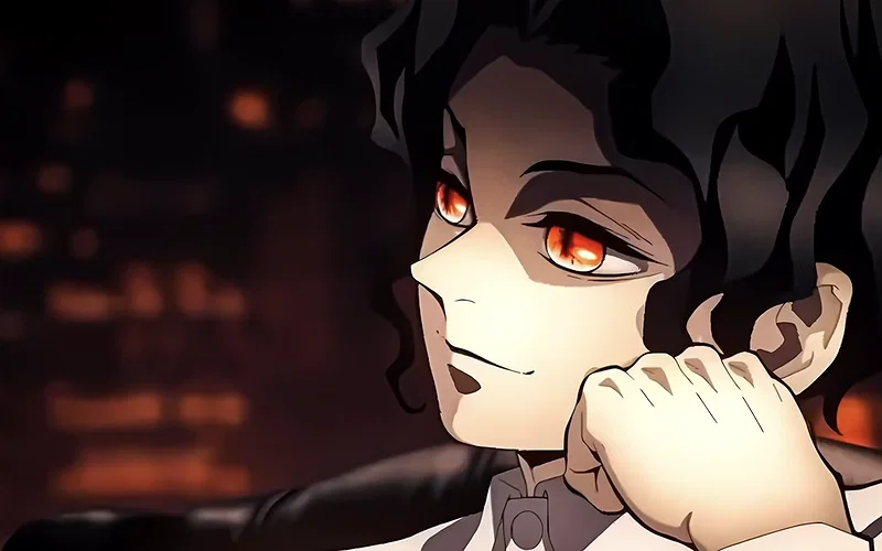 This image features the character Muzan Kibutsuji from the anime series Demon Slayer: Kimetsu no Yaiba. He is portrayed sitting with his face resting on his left hand.