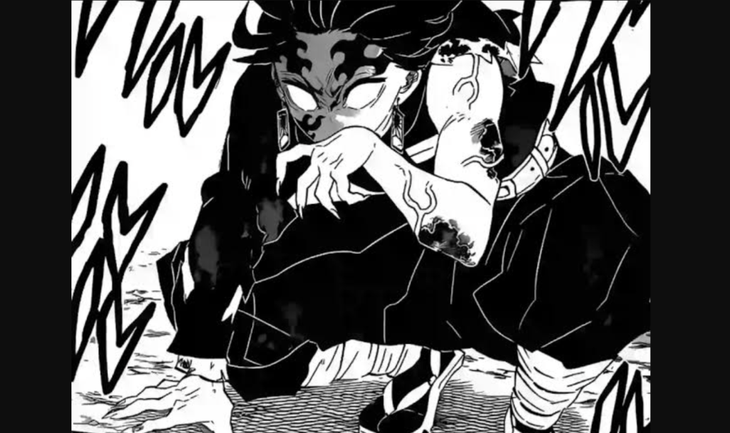  Kimetsu no Yaiba. The image depicts Tanjiro after being turned into a demon by Muzan Kibutsuji during the final arc of the manga.