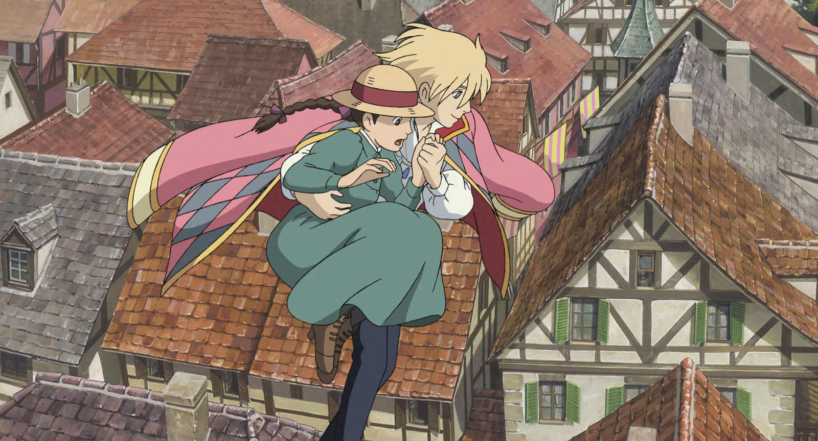 This is a scene from the 2004 Studio Ghibli film Howl's Moving Castle, directed by Hayao Miyazaki. The image features the characters Sophie and Howl walking in the air over the town of Market Chipping.