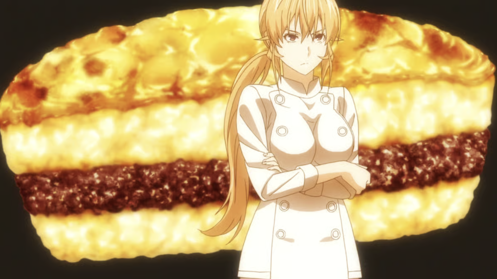 This image features the character Erina Nakiri from the anime series Food Wars!: Shokugeki no Soma. Erina is depicted wearing her white chef's uniform. The background shows a large, layered, golden-brown baked dish.