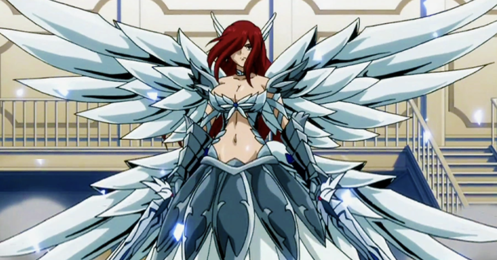This image features the character Erza Scarlet from the anime series Fairy Tail. She is wearing her signature Heaven's Wheel Armor, a magical suit designed to augment combat prowess against multiple opponents.