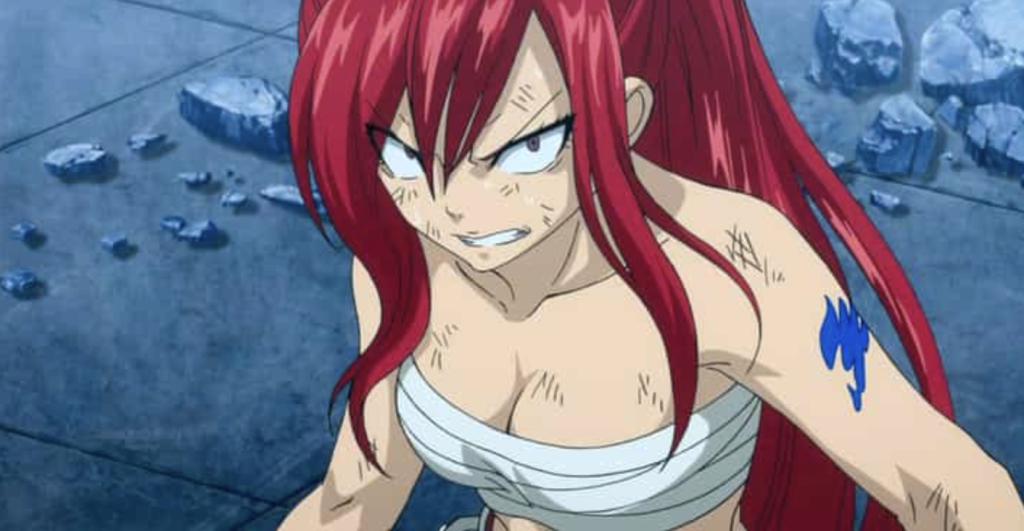 This image features the character Erza Scarlet from the anime series Fairy Tail. She is depicted with her signature long red hair and intense expression. The image shows her wearing bandages on her torso, which is a detail from specific battle scenes in the show.