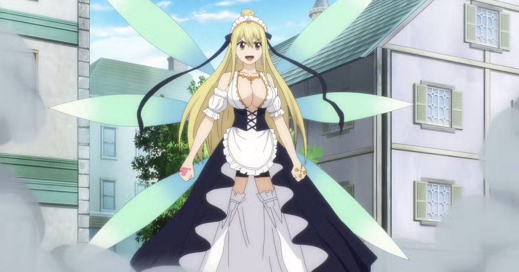Lucy Heartfilia from the anime series Fairy Tail: 100 Years Quest. : She wears a maid-like dress combined with light blue wings, appearing in episode 9 of the series.