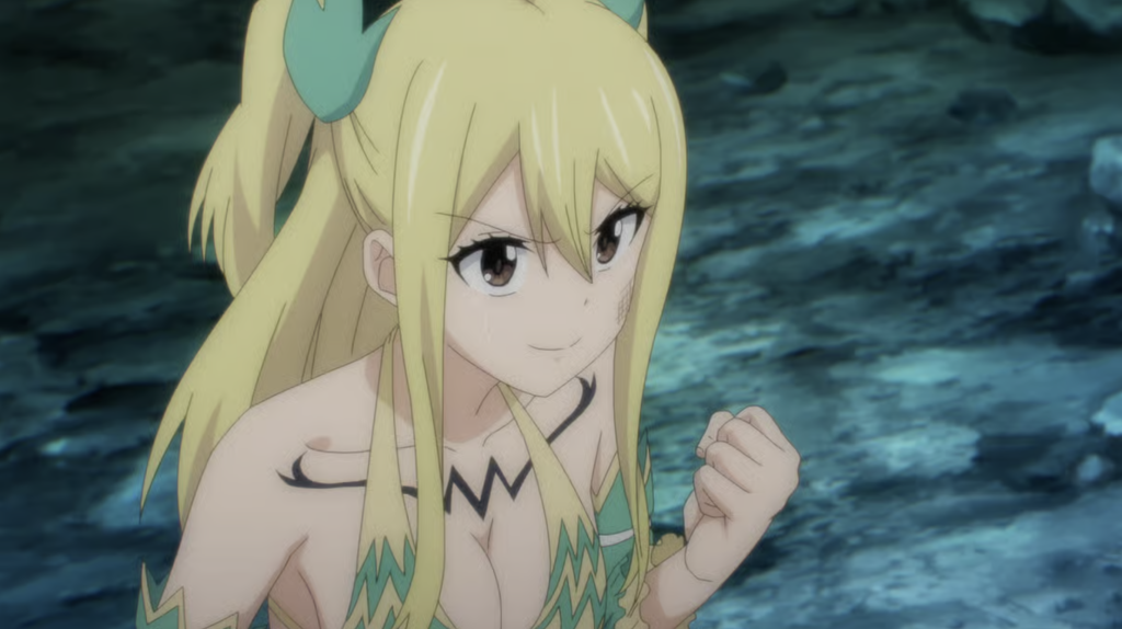 This image features the character Lucy Heartfilia from the anime series Fairy Tail: 100 Years Quest. She is shown wearing her Aquarius Star Dress form, characterized by a light green, aquatic-themed outfit with fin-like accents.