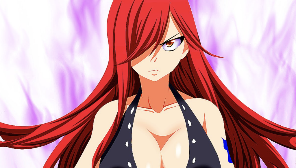 This image features Erza Scarlet from the anime series Fairy Tail. She is depicted with her signature long red hair and intense expression.