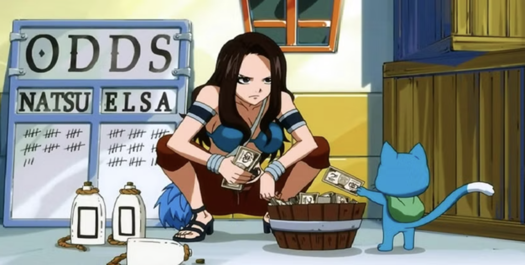 This image features Cana Alberona from the popular anime and manga series Fairy Tail. The scene depicts Cana, known for her drinking habits and potential within the guild, managing a betting pool with Happy.