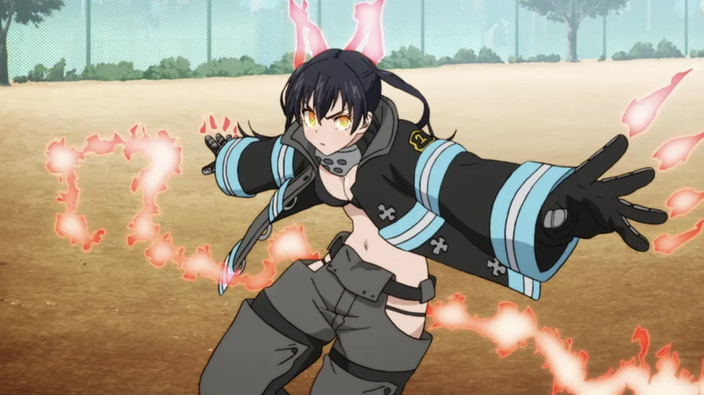 This character is Tamaki Kotatsu from the anime series Fire Force. The outfit she is wearing is the specialized gear for the Fire Force company, specifically designed for combat against spontaneous human combustion.