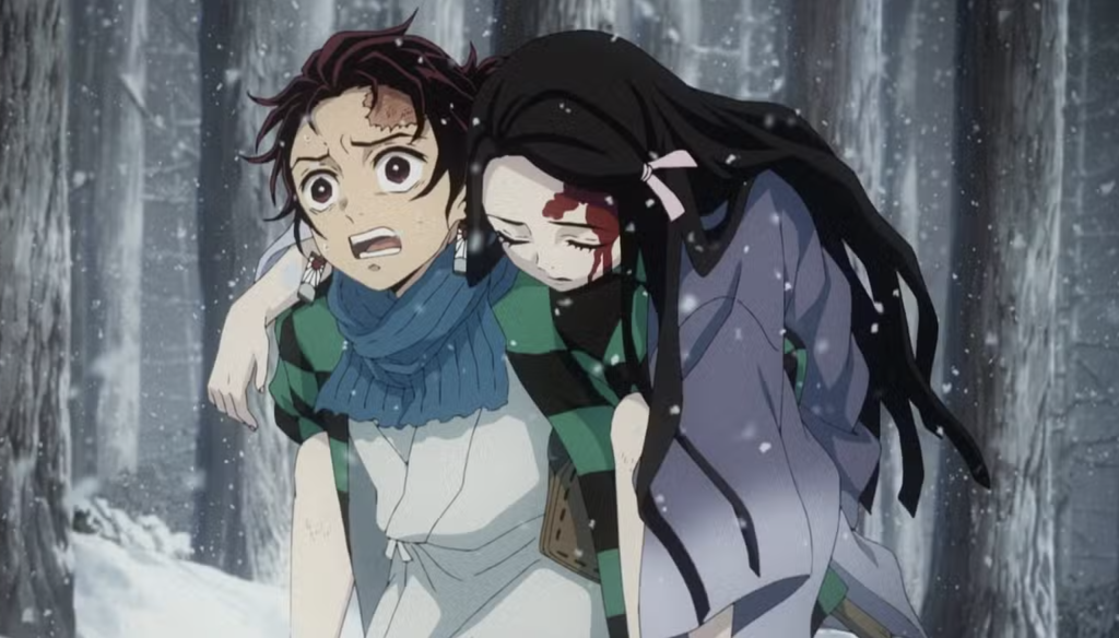 This scene is from the first episode of the anime Demon Slayer: Kimetsu no Yaiba. It depicts Tanjiro Kamado carrying his sister, Nezuko, who is turning into a demon. After discovering their family slaughtered, Tanjiro struggles through the snow to find help for Nezuko.