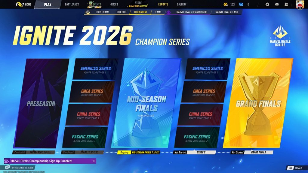 Marvel Rivals in-game screenshot showing the in-game ESPORTS tab in the game's main menu.
