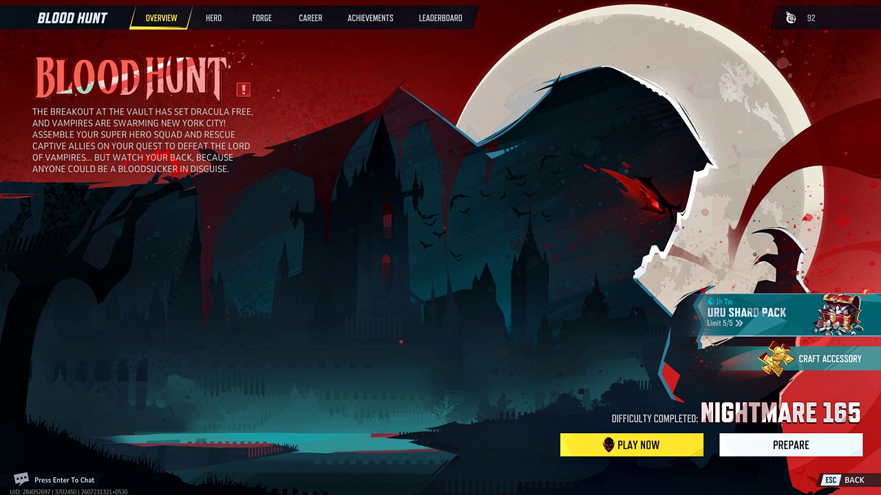 Marvel Rivals in-game screenshot showcasing the exclusive menu for the Blood Hunt game mode.