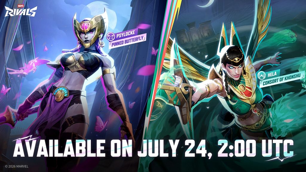 Marvel Rivals promotional banner showcasing Egyptian-themed skins for Duelist heroes Psylocke and Hela. 