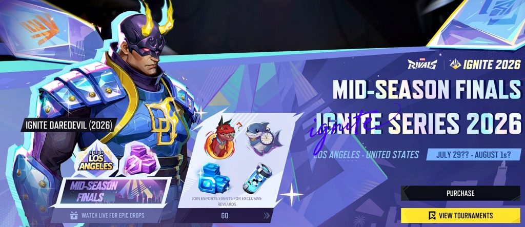 Marvel Rivals promotional banner showcasing the IGNITE Daredevil skins and other Twitch Drop rewards for the Mid-Season Finals of the tournament.