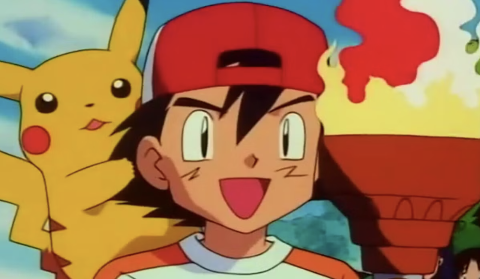 This scene is from the episode "All Fired Up!" in the Pokémon: Indigo League series. The image features Ash Ketchum acting as the torchbearer for the Pokémon League tournament.