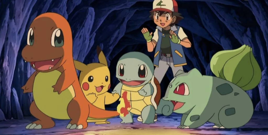  Indigo League, including Ash Ketchum and his original team. The team consists of his starter Pokémon Pikachu, along with Charmander, Squirtle, and Bulbasaur.