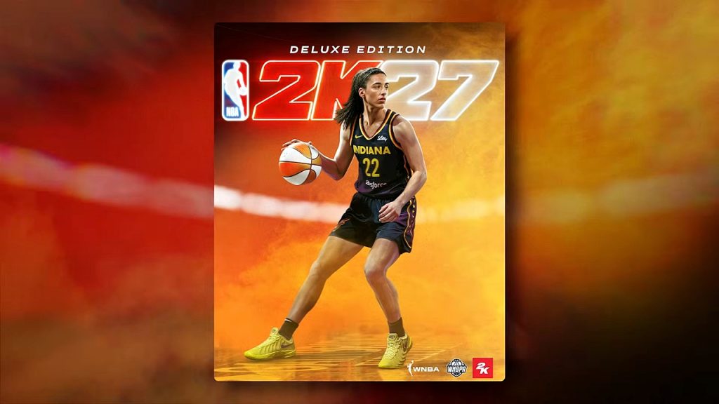 A vibrant image showcasing the NBA 2K27 Deluxe Edition cover featuring basketball player Caitlyn Clark.