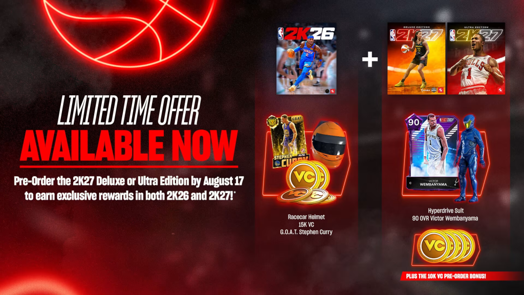 NBA 2K27 promo image showcasing all the pre-order offerings in the Limited-Time Offer Bonus Pack. 