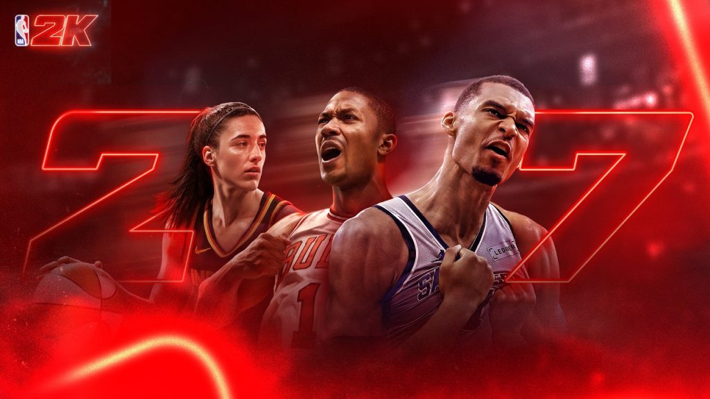 A vibrant art featuring the three cover athletes of NBA 2K27.