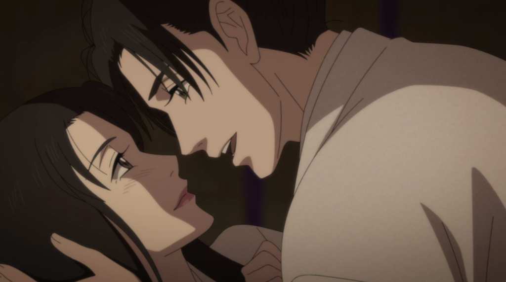 This scene is from the Netflix anime series Ōoku: The Inner Chambers. The characters shown are Arikoto Madenokoji and Iemitsu Tokugawa.