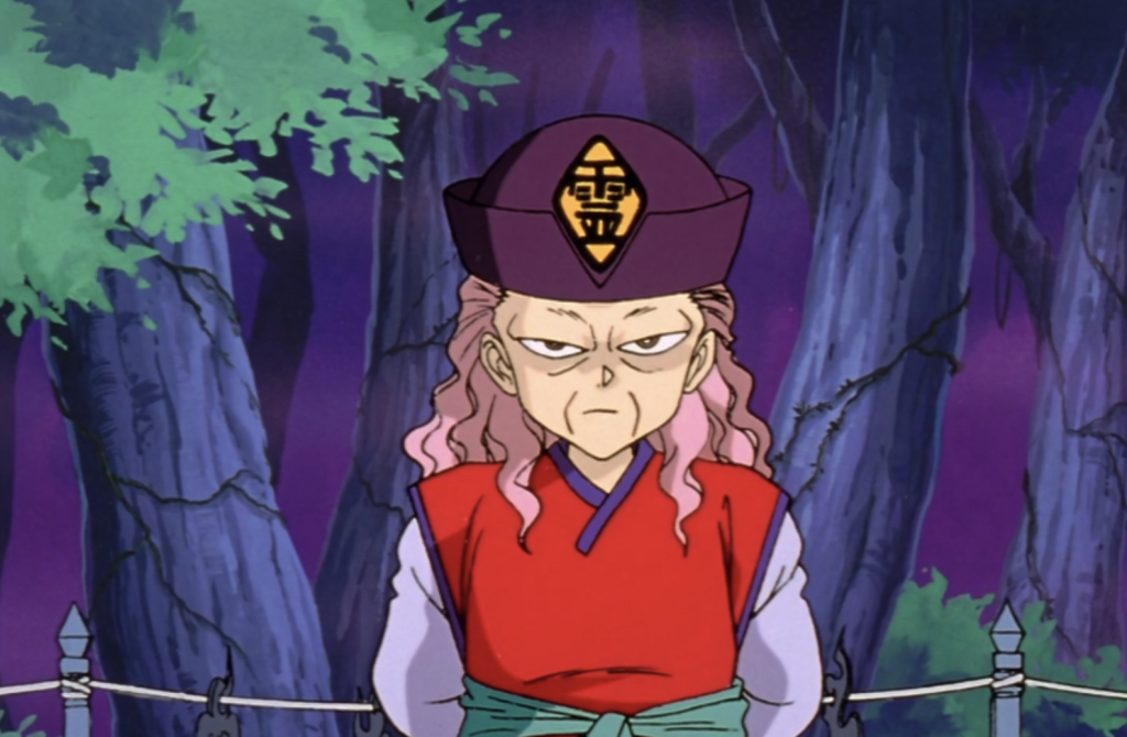This is Master Genkai from the anime series Yu Yu Hakusho. The image appears to be from Episode 9, titled "The Search Begins," where she initiates a tournament at her dojo.