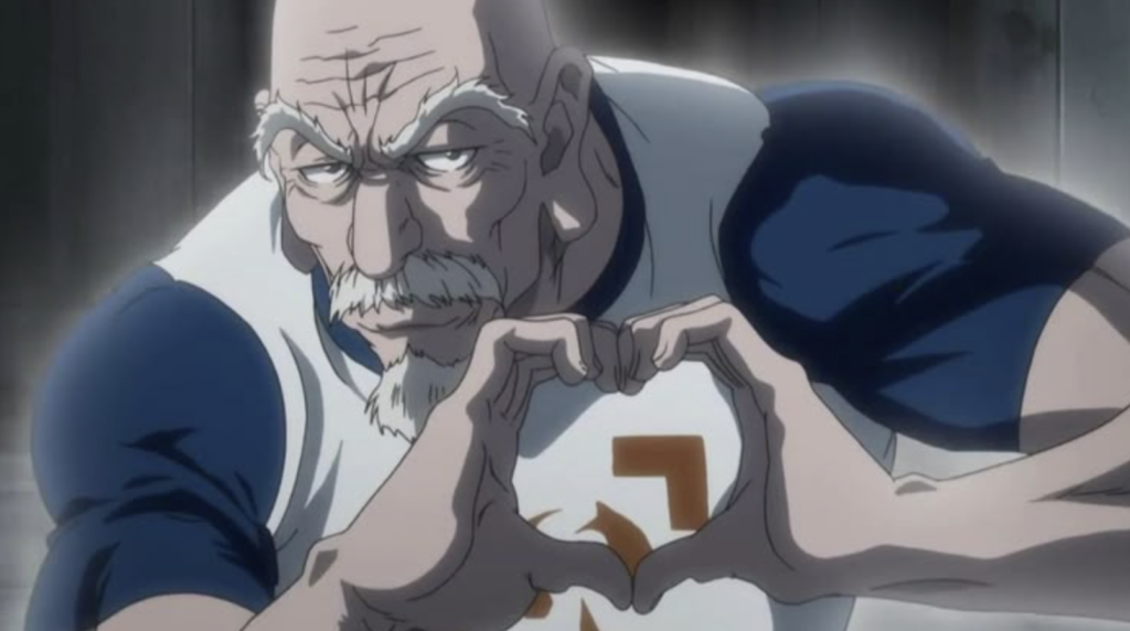 Isaac Netero from Hunter × Hunter.  This moment is from episode 125, "Magnetic x and x Act," during the Chimera Ant arc.
