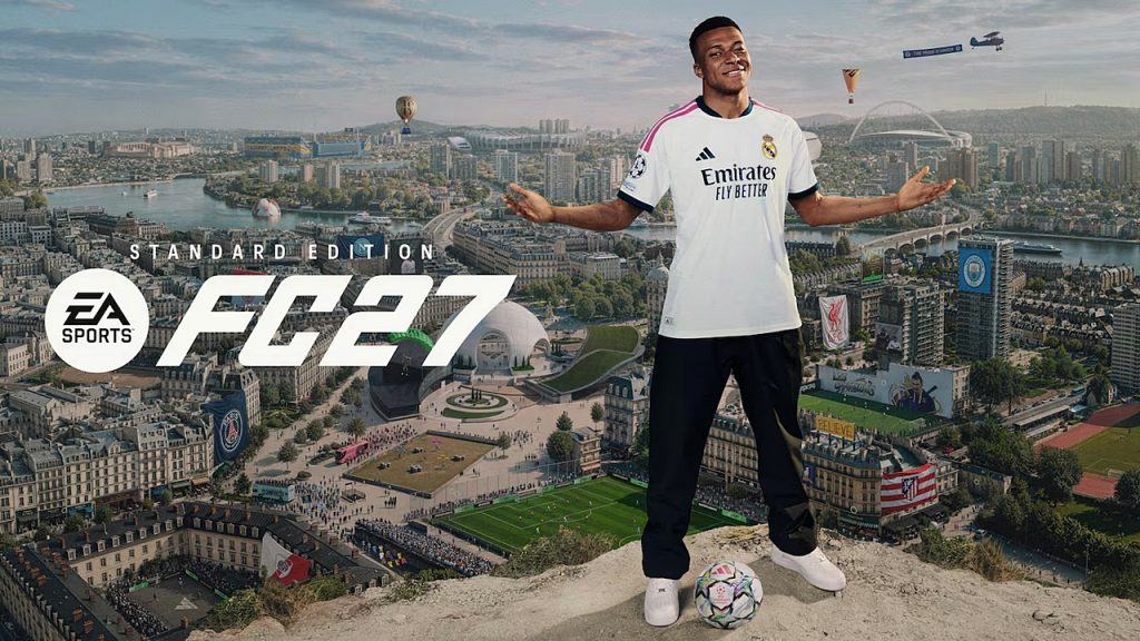 EA Sports FC 27 Standard Edition cover art featuring Kylian Mbappé striking a shrugging pose with a soccer ball at his feet.