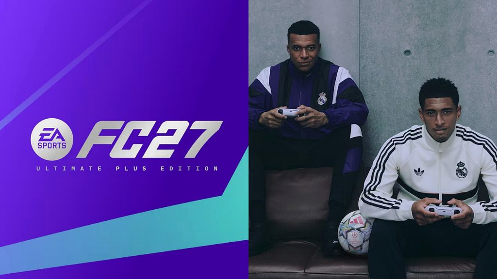 EA Sports FC 27 Ultimate Plus Edition cover art featuring Kylian Mbappé and Jude Bellingham with PlayStaiton controllers in hand.