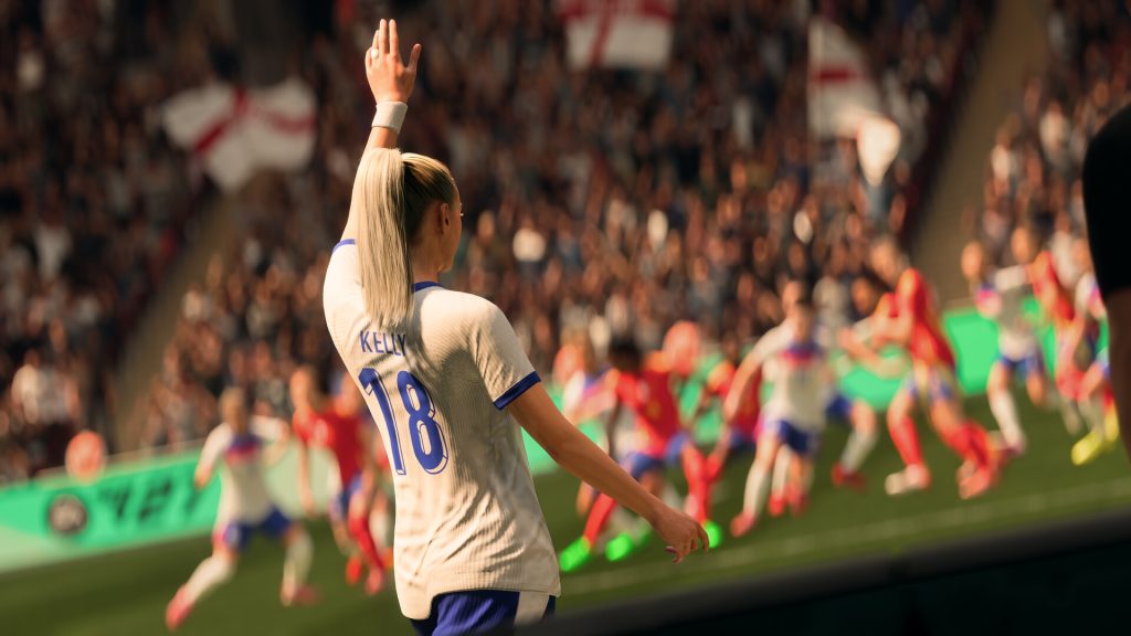 EA Sports FC 27 gameplay screenshot featuring footballer Chloe Kelly about to take a free kick. 