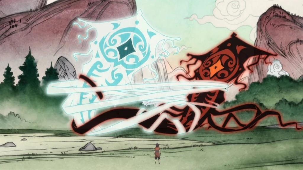 Animated still from The Legend of Korra showing Raava, a light-blue spirit with swirling patterns and a diamond eye, locked in battle with Vaatu, a dark red-and-black spirit with a matching diamond eye, as their energy trails intertwine above a small human figure watching from the ground.