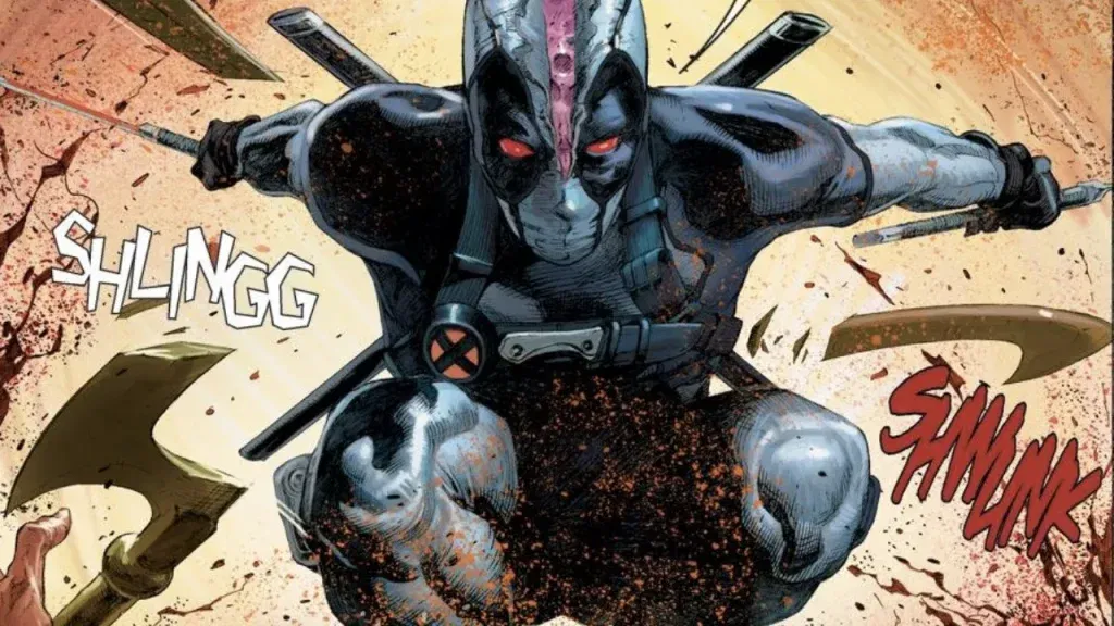 Deadpool in a black and gray suit in Uncanny X-Force 