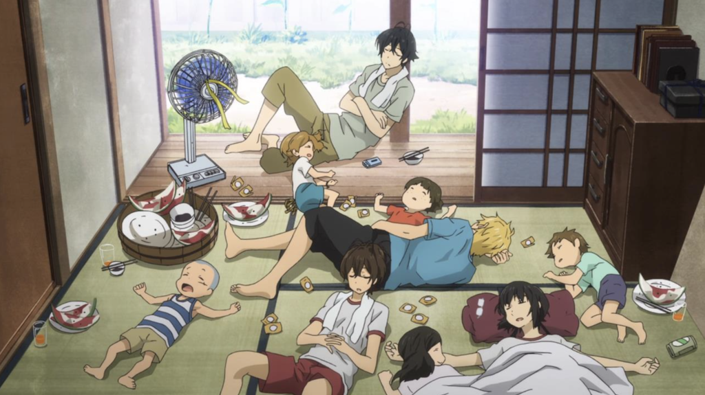 This image is from the slice-of-life anime series Barakamon. It depicts the main character, calligrapher Seishuu Handa, relaxing with local villagers in a traditional rural home.