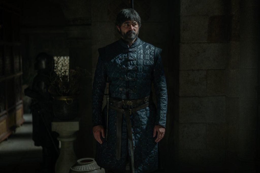 Jon Roxton stands in a dimly lit stone corridor wearing a quilted dark blue leather doublet with a dagger at his belt, an armored guard visible in the shadows behind him in House of the Dragon Season 3"