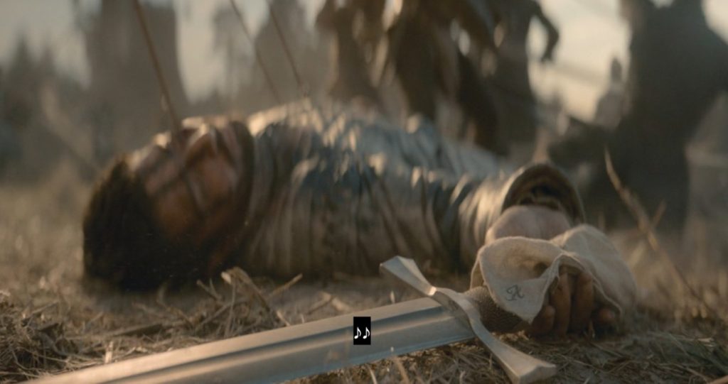 Ser Criston Cole lies dead on the battlefield, his sword hilt wrapped in Alicent Hightower's embroidered handkerchief clutched in his hand, in House of the Dragon Season 3
