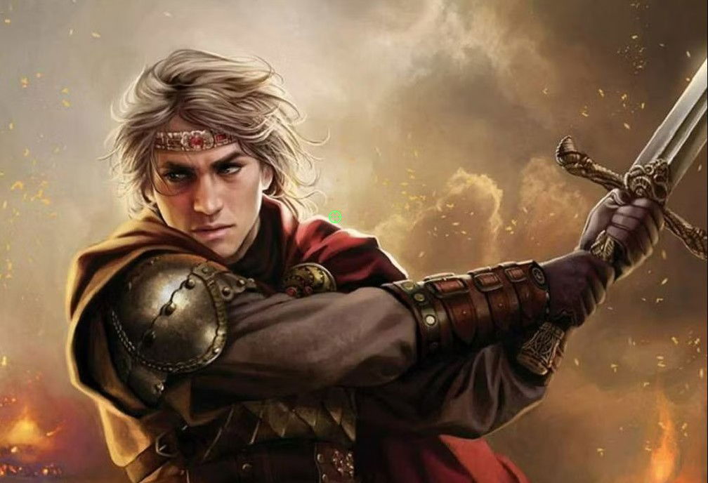 Illustrated depiction of Aegon the Conqueror wielding a sword amid fire and smoke, wearing leather and metal battle armor with a red cloak