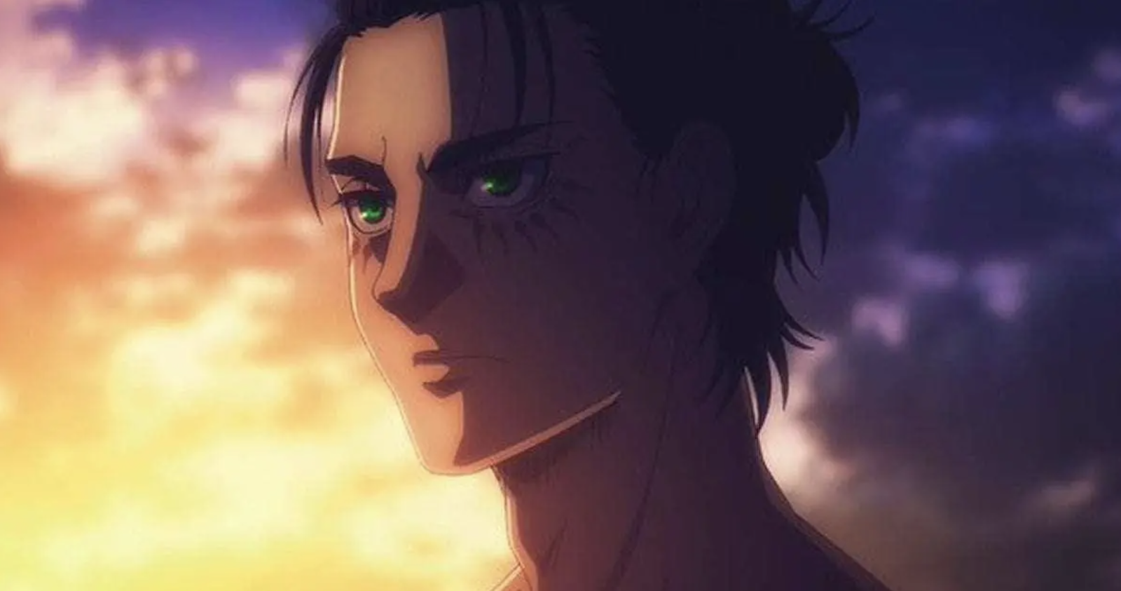 This image features Eren Yeager from the anime series Attack on Titan. It is a scene from Season 4, specifically depicting Eren looking toward the horizon.
