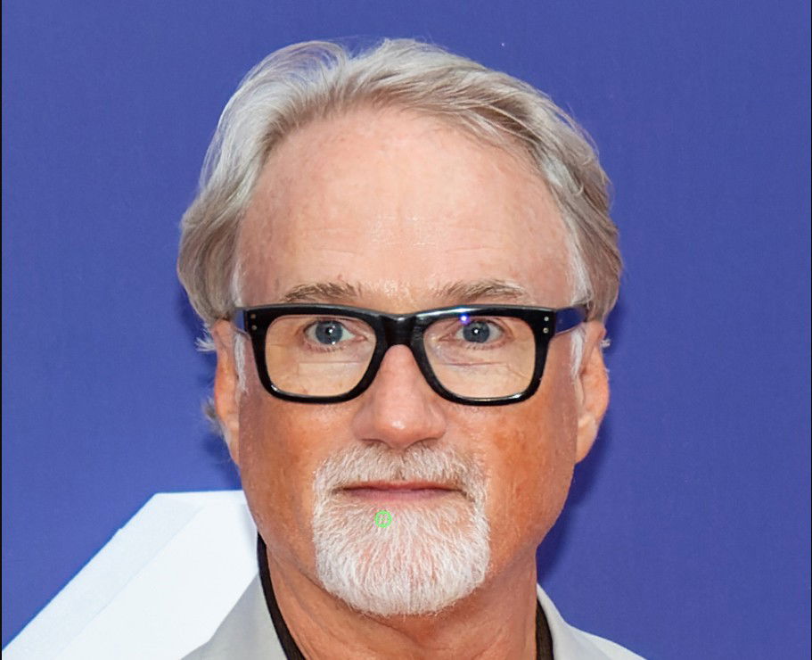 David Fincher poses for a close-up photo against a blue backdrop, wearing thick black-framed glasses