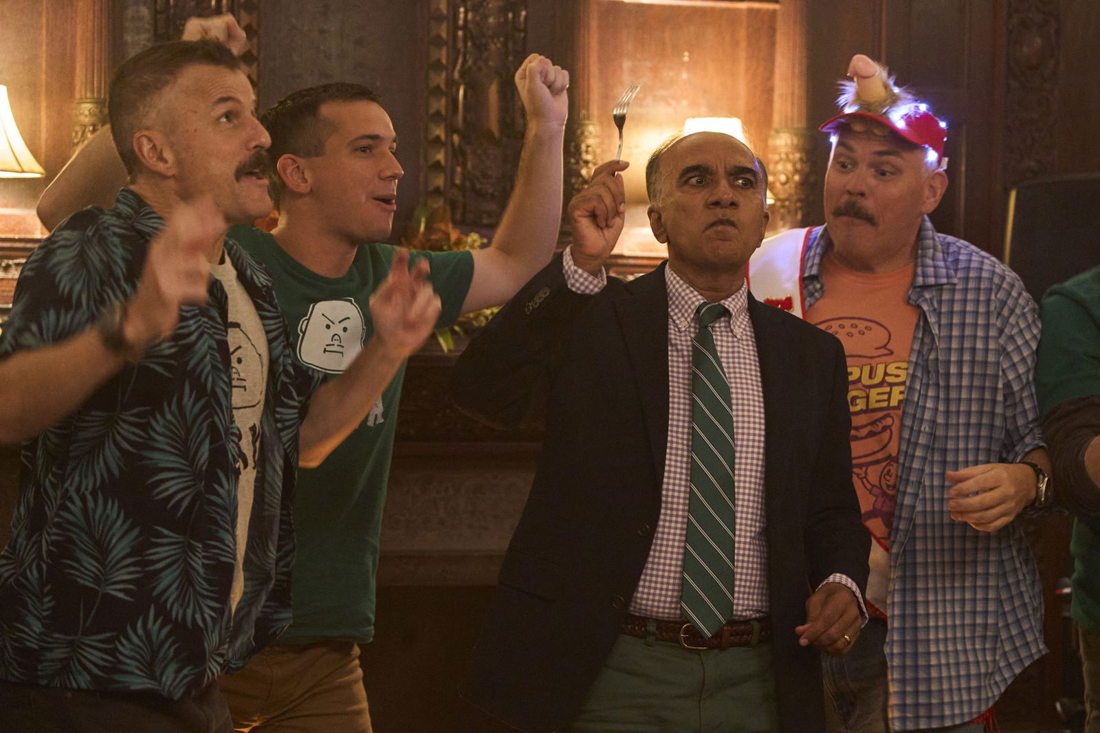  Steve Lemme, Andrew Dismukes, Iqbal Theba, and Kevin Heffernan in SUPER TROOPERS 3. Photo by Patrick Harbron, Courtesy of Searchlight Pictures. © 2026 Searchlight Pictures. All Rights Reserved.