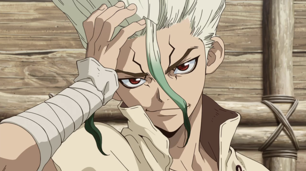 This image shows the protagonist Senku Ishigami from the anime series Dr. Stone. Senku is depicted with his iconic white hair and green tip, along with the distinctive crack marks on his face.