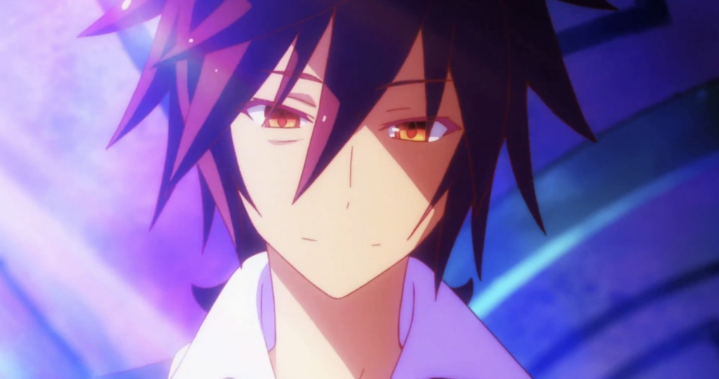 This is a scene featuring the character Sora from the anime series No Game No Life. The character is recognized by his dark red hair and distinctive red and yellow eyes.