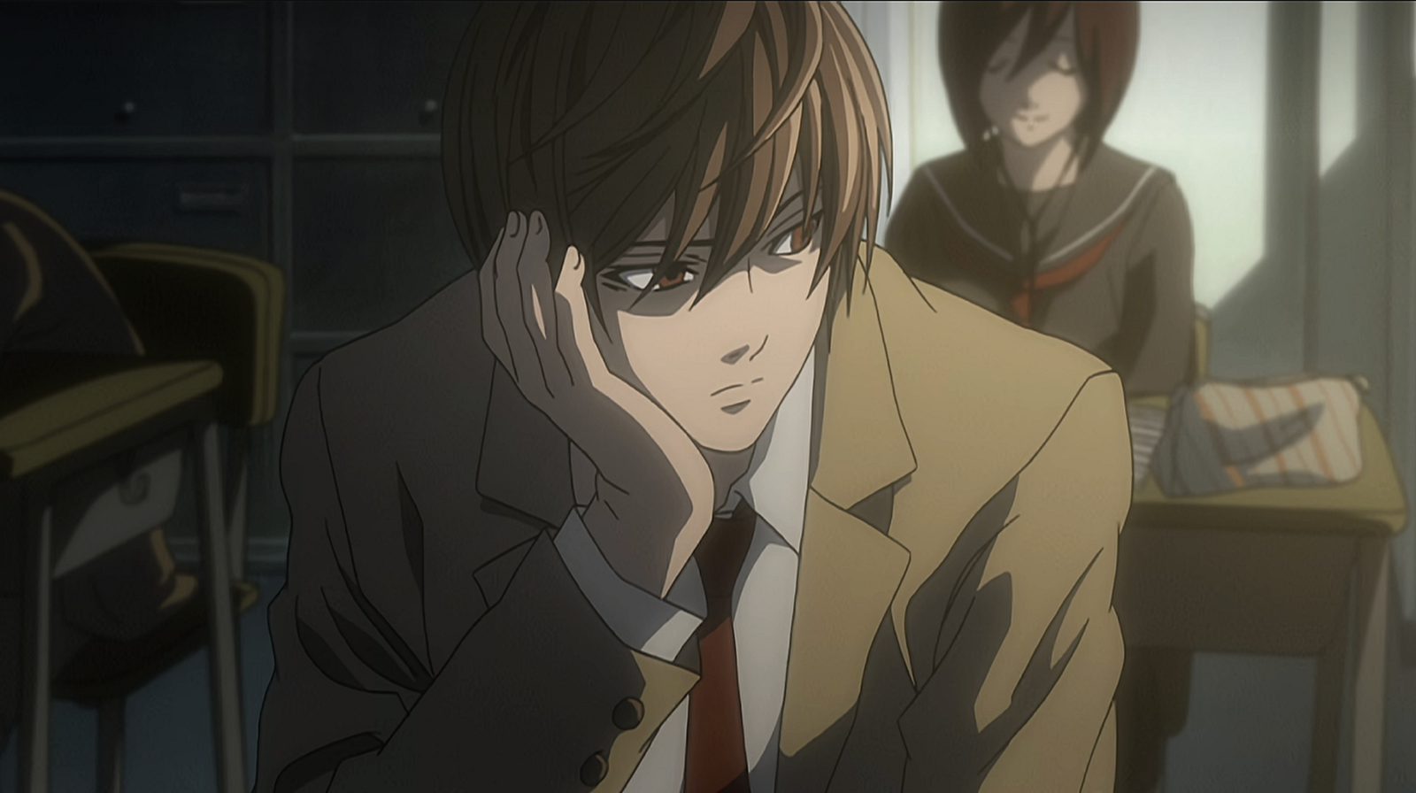 This image features Light Yagami from the anime series Death Note. Light is portrayed as a brilliant but bored high school student who finds a supernatural notebook that can kill anyone whose name is written in it.