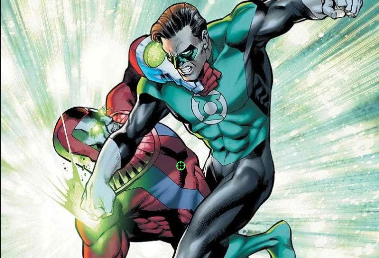 Comic book illustration of a Green Lantern in a green-and-black uniform grappling with a red-and-blue Manhunter android, both figures backlit by bursts of green energy.