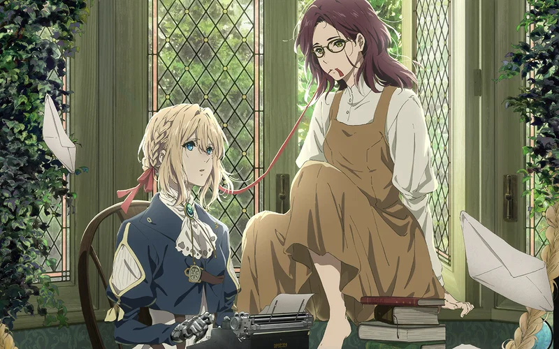 This is the key art for the 2019 anime film Violet Evergarden: Eternity and the Auto Memory Doll. The image features Violet Evergarden, a former soldier turned "Auto Memory Doll" who writes letters for others, alongside Isabella York.