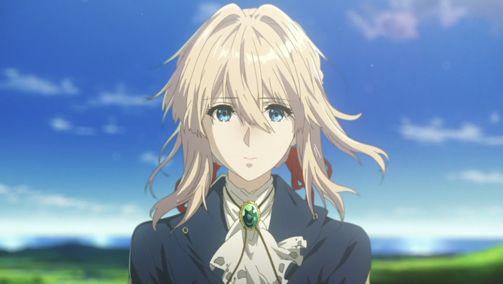 This is the character Violet Evergarden from the anime Violet Evergarden. She is wearing her signature navy uniform.