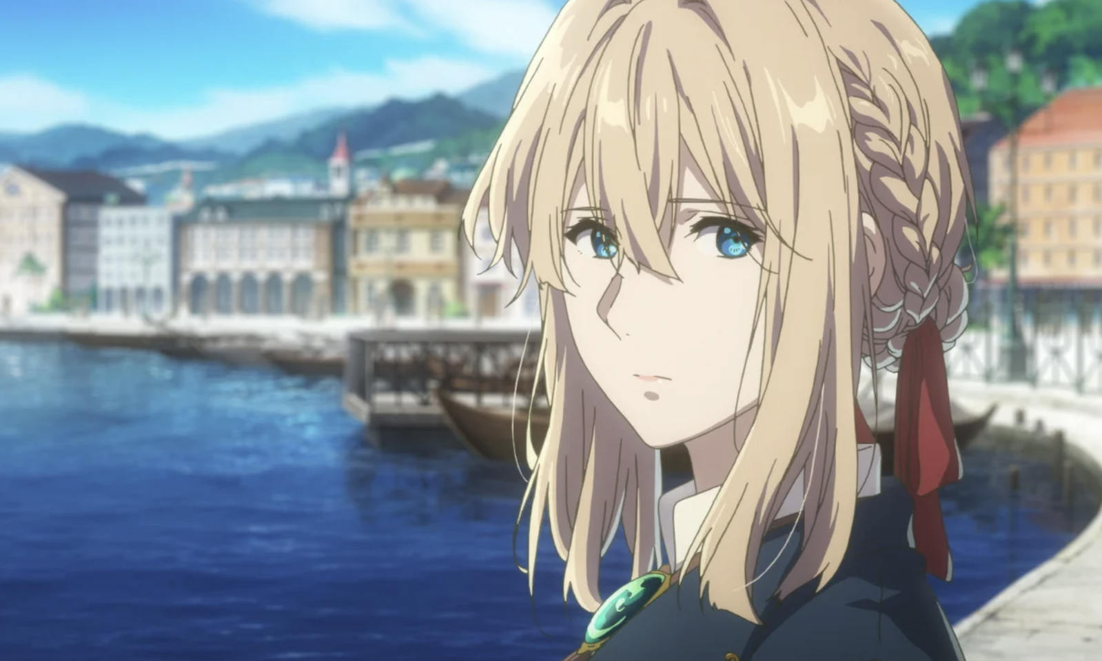 This is a scene featuring the titular character from the anime series and movie, Violet Evergarden.