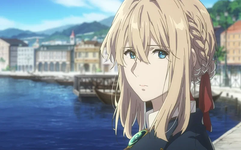 This is a scene featuring the titular character from the anime series and movie, Violet Evergarden.
