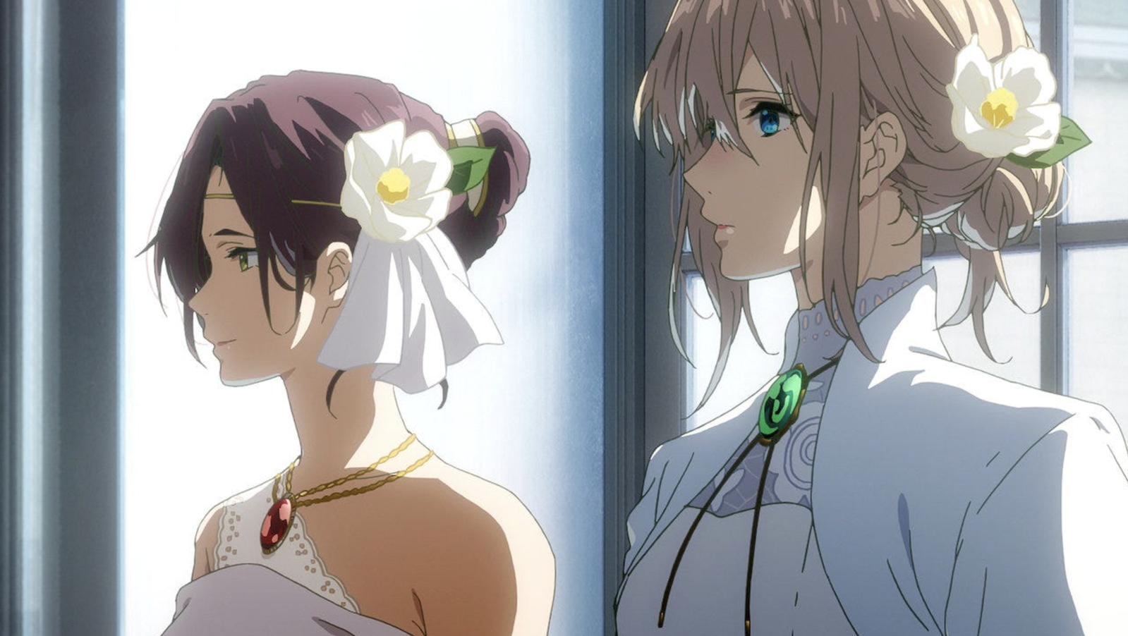 This scene is from the Kyoto Animation film Violet Evergarden: Eternity and the Auto Memory Doll. The characters are Isabella York (left) and Violet Evergarden (right), both wearing white garments adorned with White Camellia flowers, which symbolize adoration and perfection.